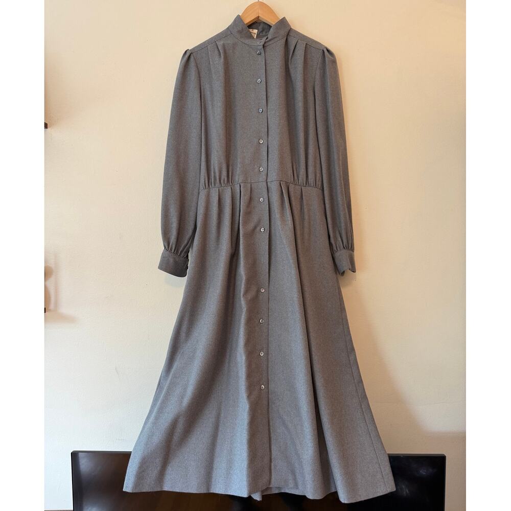 Handmade grey wool midi shirtdress puff sleeves size L